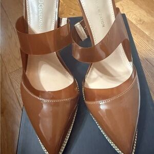 BCBGeneration Tan Patent Pointed-Toe Mary Jane Heels